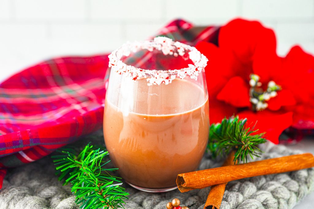 chocolate peppermint martini with christmas decorations