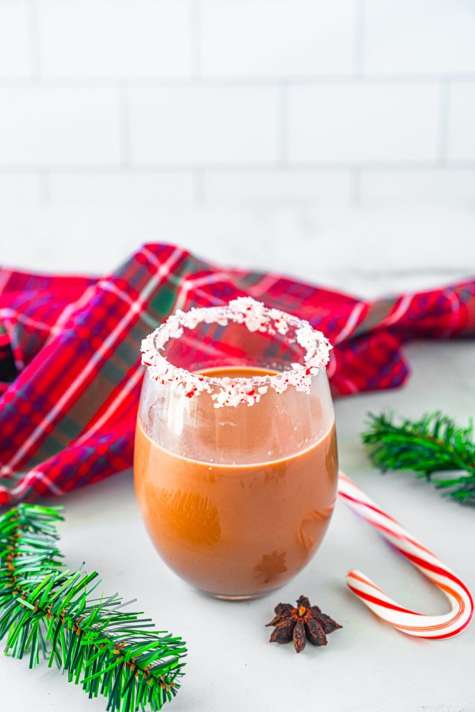 chocolate peppermint cocktail on a tile wall