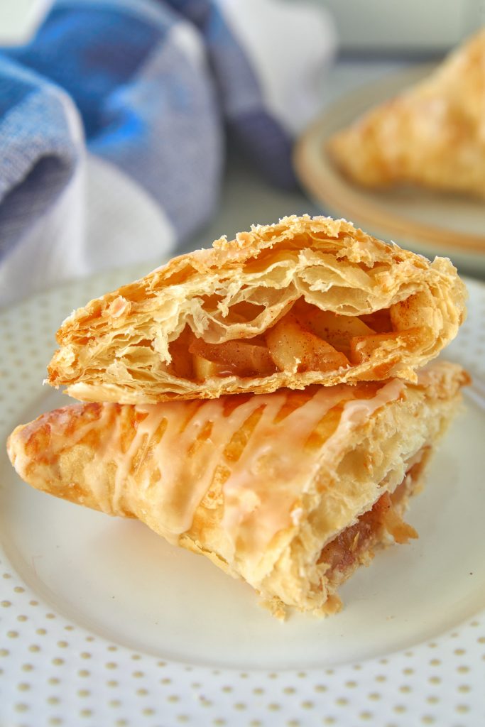 close up of the inside of a vegan apple turnover cut in half
