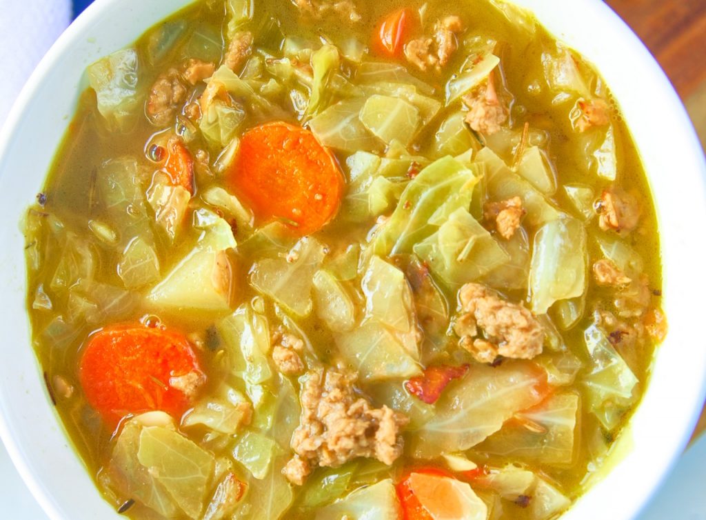 close up photo of the vegan beef in the vegetarian cabbage soup