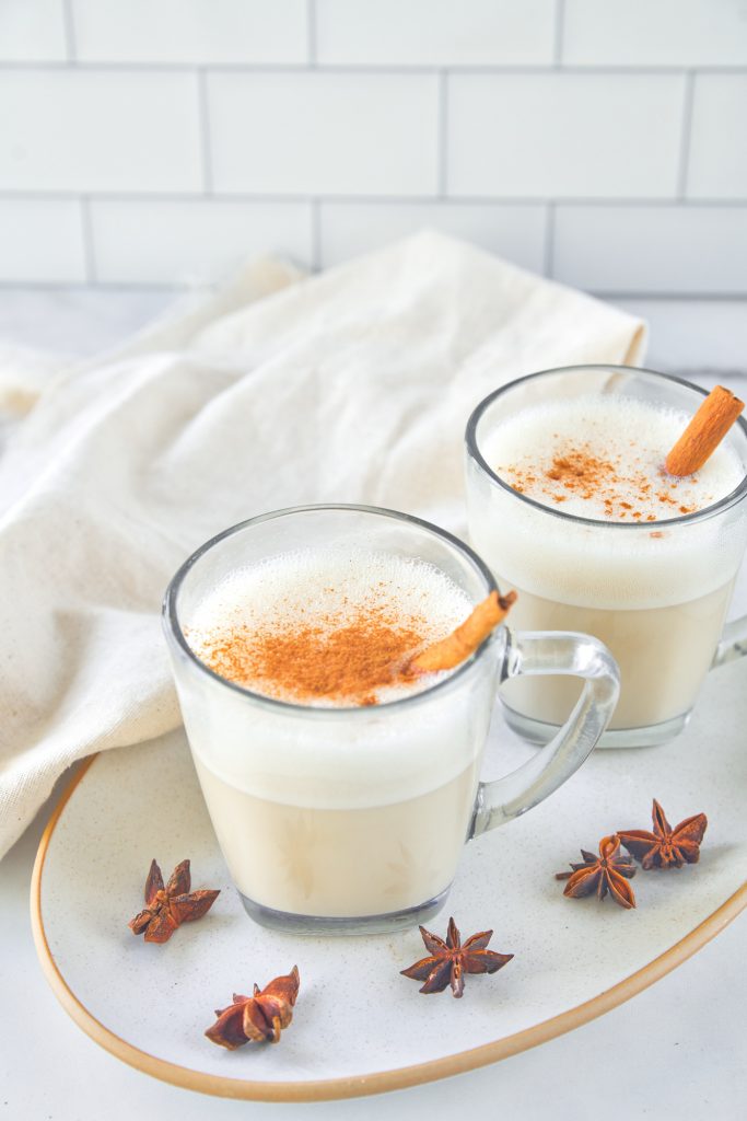 two cups of vegan chai latte that are starbucks copycat