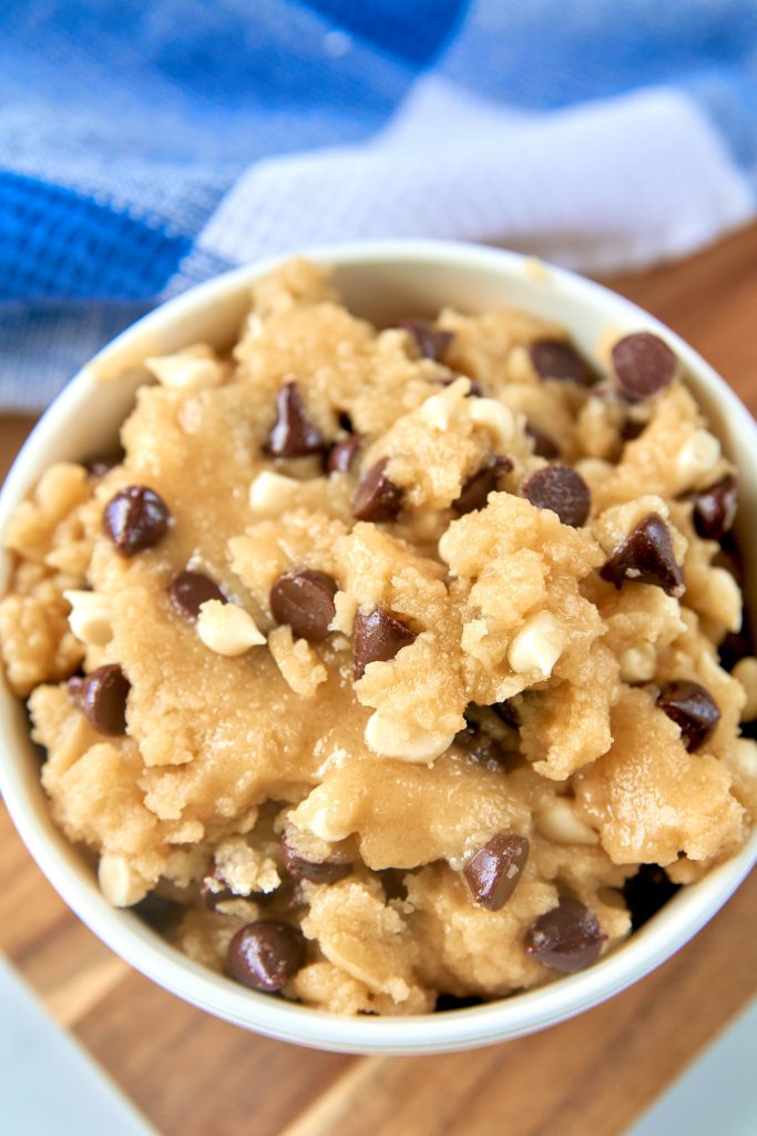 close up of vegan edible cookie dough in serving bowl