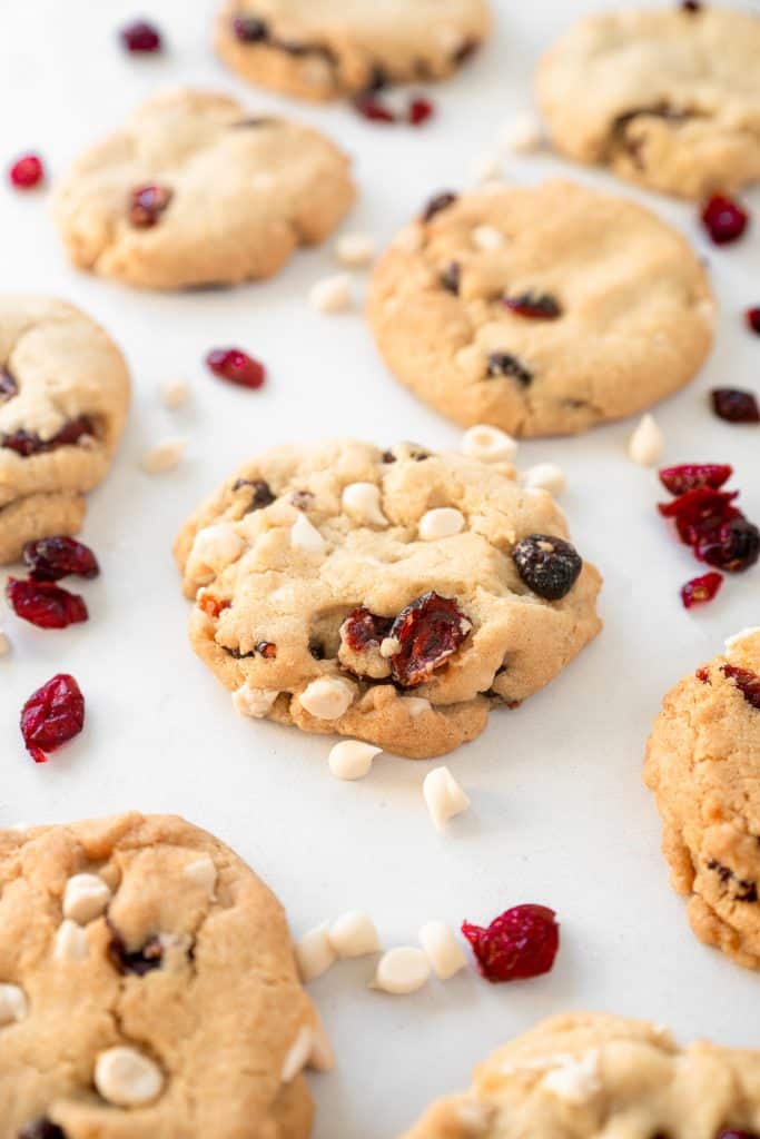 vegan cranberry cookies with white chocolate on baking dish