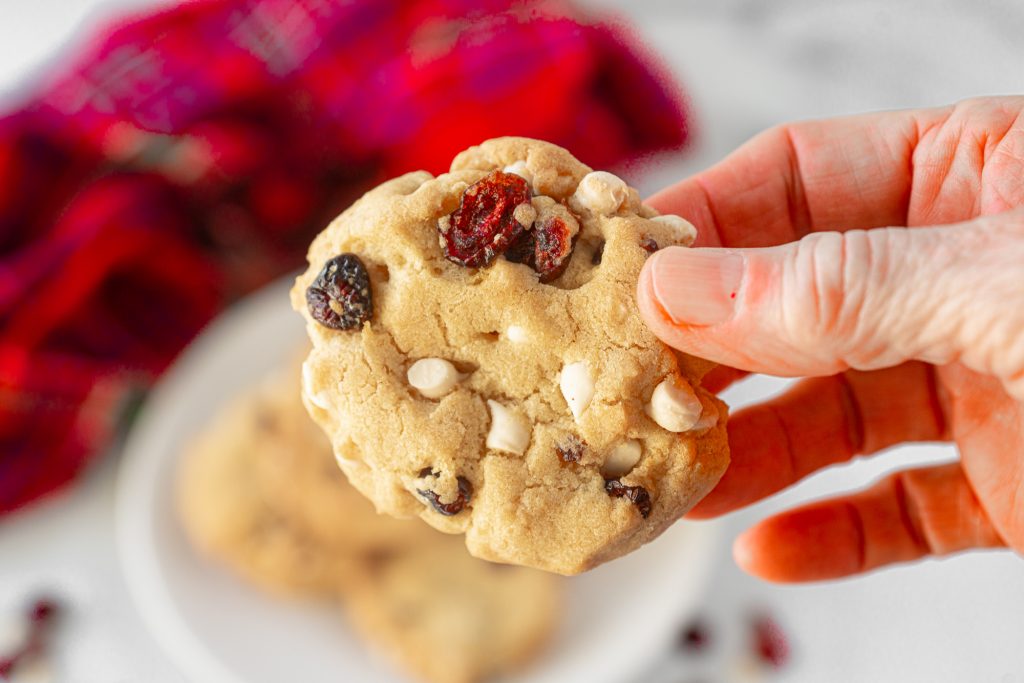 close up photo of a hand holding vegan cranberry cookies with white chocolate