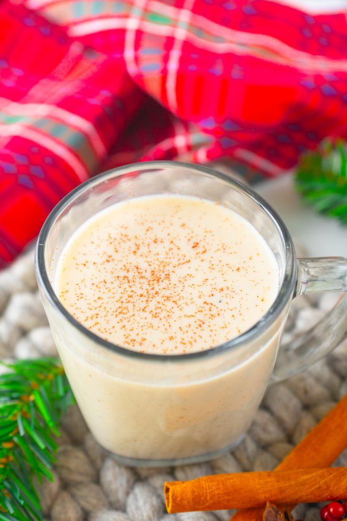 close up of non-dairy vegan eggnog in a mug with green leaves around it 