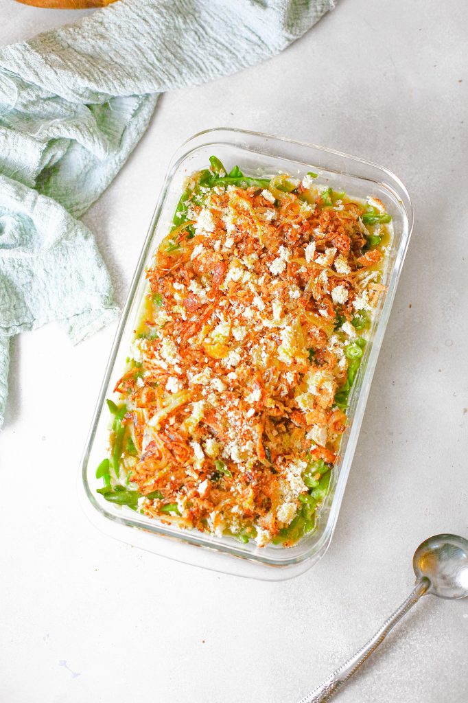 above photo of healthy green bean casserole without dairy
