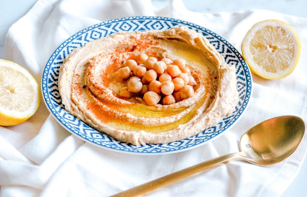 close up photo of vegan hummus recipe with chickpeas