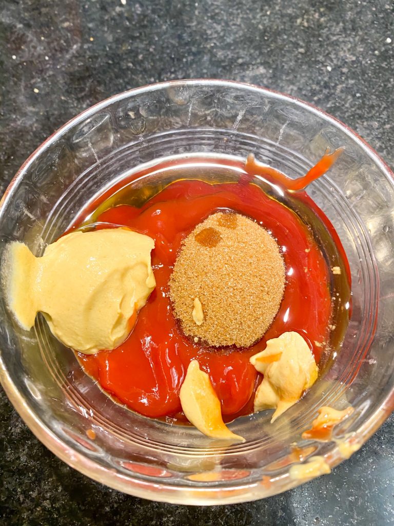 brown sugar, ketchup, and mustard in a bowl 