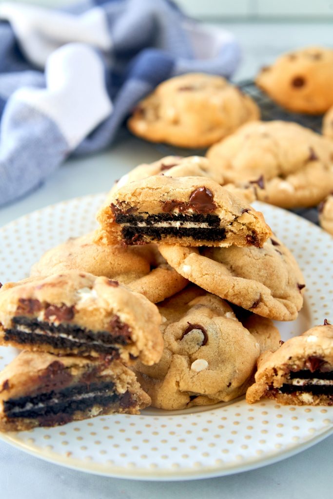 chocolate chip cookies stuffed with Oreo cookies on a plate