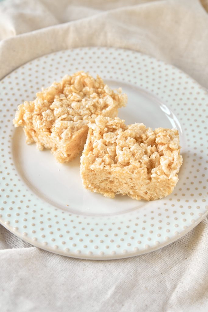 two healthy rice krispie treats on a serving plate