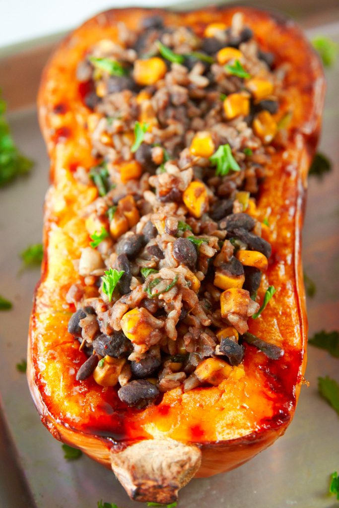 close up of vegan butternut squash with filling 