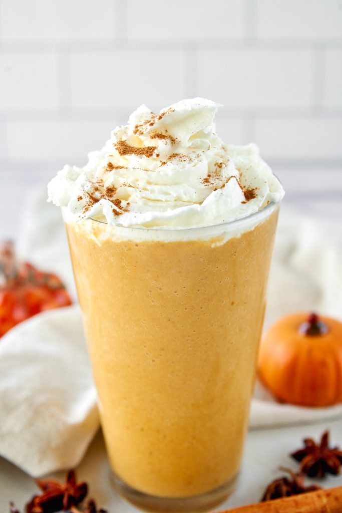 close up of A copycat pumpkin spice frappuccino with whipped cream