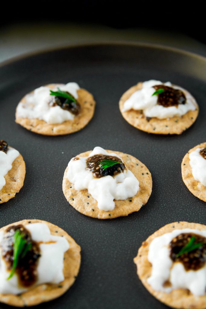 crackers with vegan caviar on it
