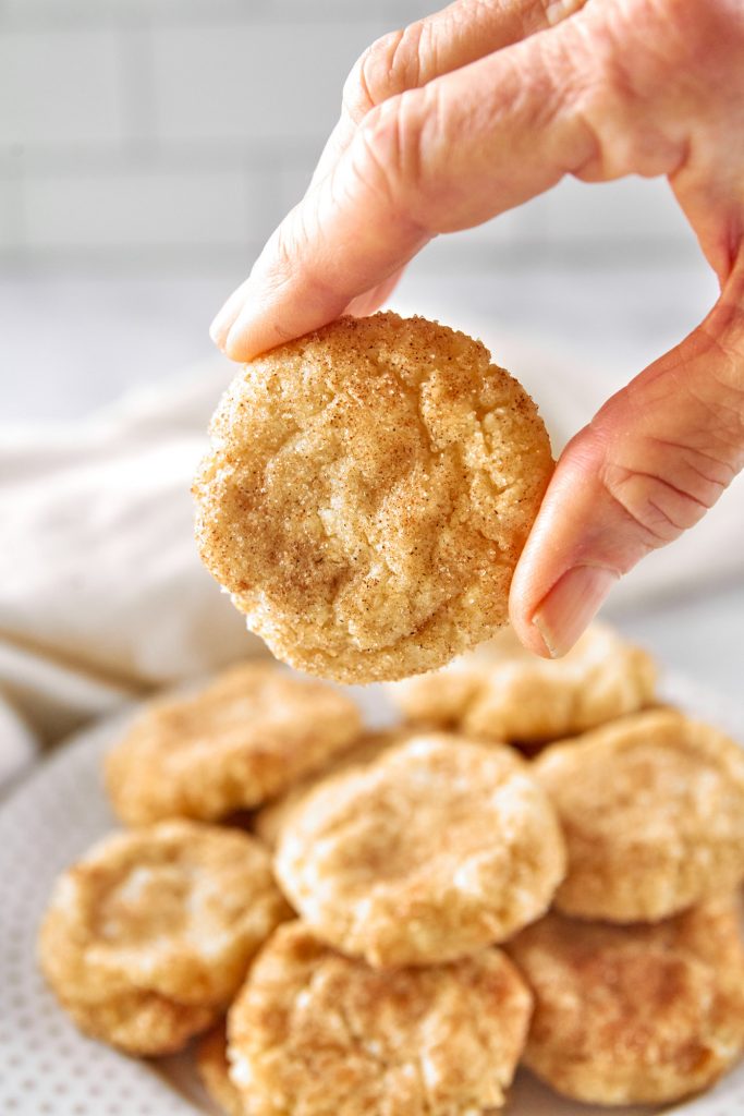 hand picking up a vegan cinnamon cookie off a plate with white background