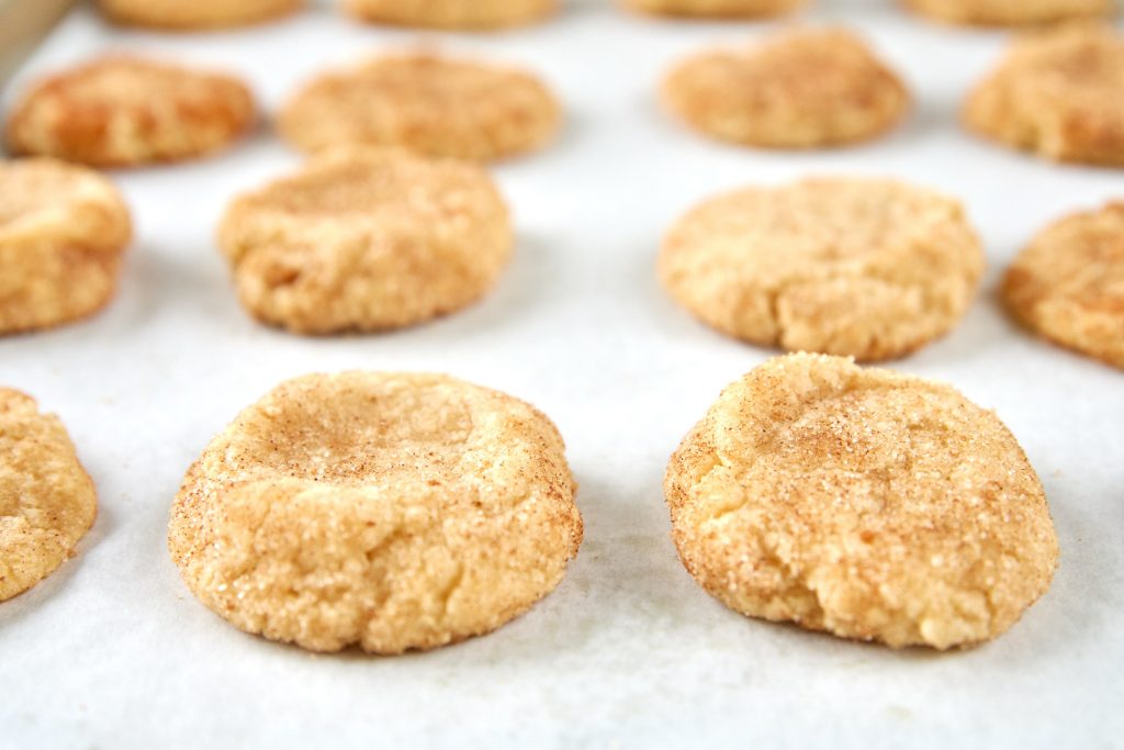 many brown vegan snickerdoodle cookies cooling on parchment paper
