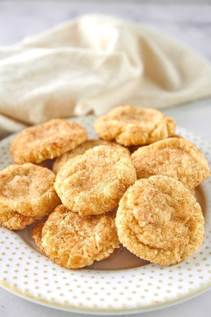 plate of brown cookies with cinnamon on a plate with brown dish towel in the background