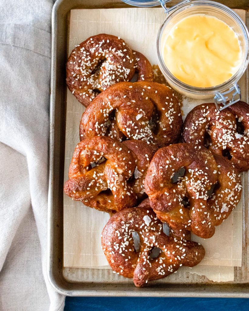 tray of vegan pretzels on baking sheet 
