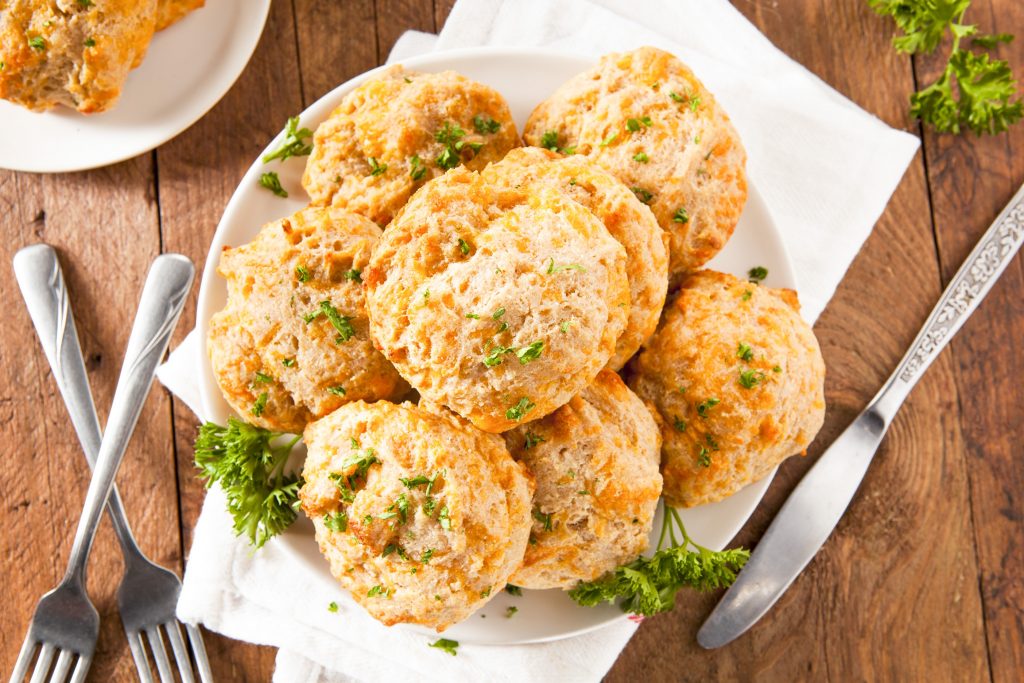 basket of vegan cheddar biscuits from above on a table