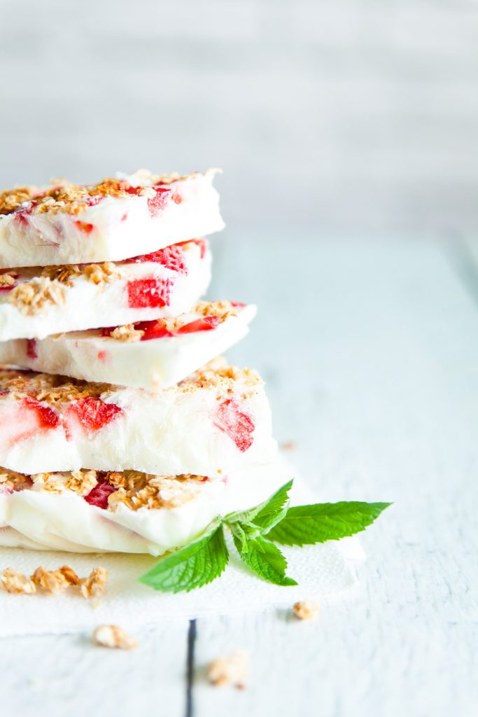 side view of vegan frozen yogurt bark with berries