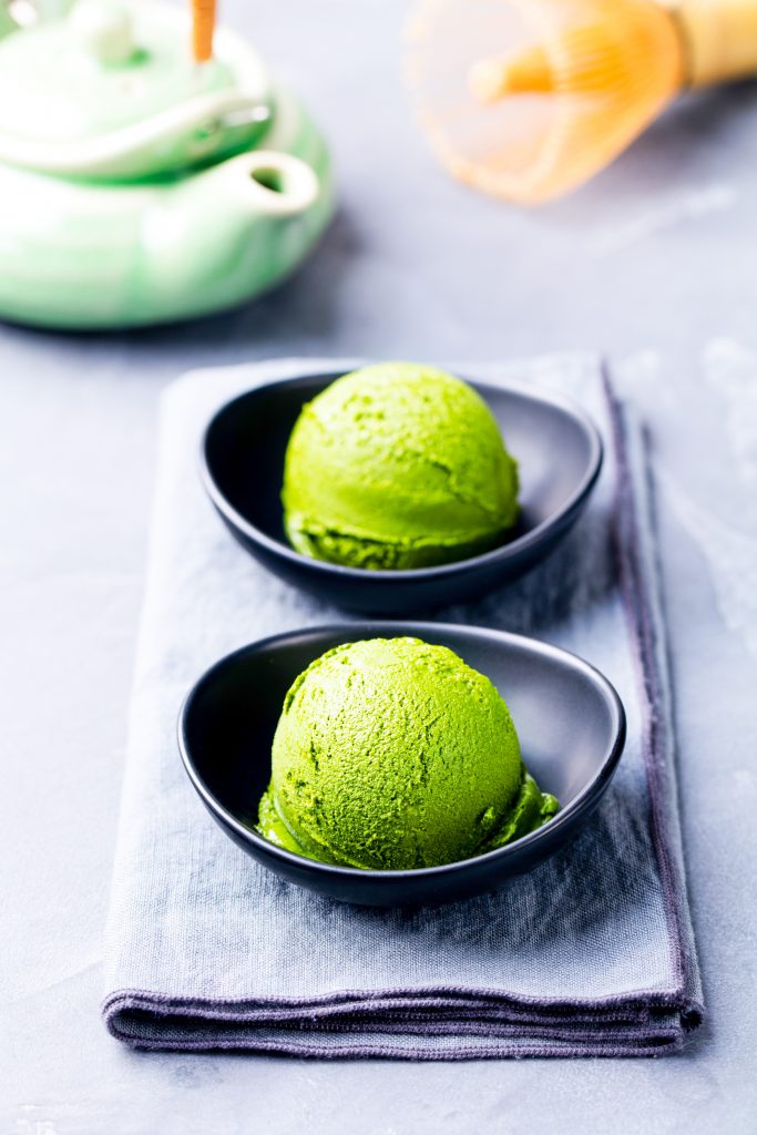 two bowls of vegan matcha ice cream in black