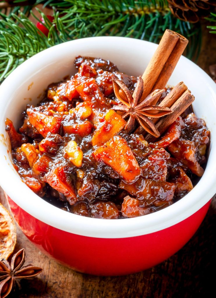 close up of vegan mincemeat recipe in a red jar