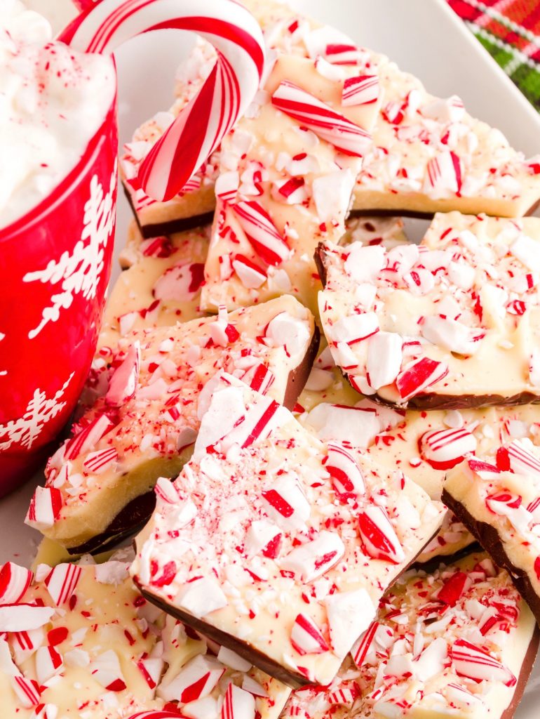 close up of vegan peppermint bark crushed with candy canes