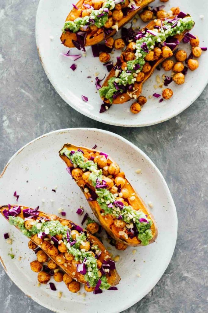 Photo of Baked Sweet Potatoes With Chickpeas & Broccoli Pesto