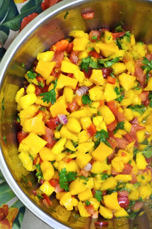 Photo of mango salsa, which is one of the most fun sides for Tacos!