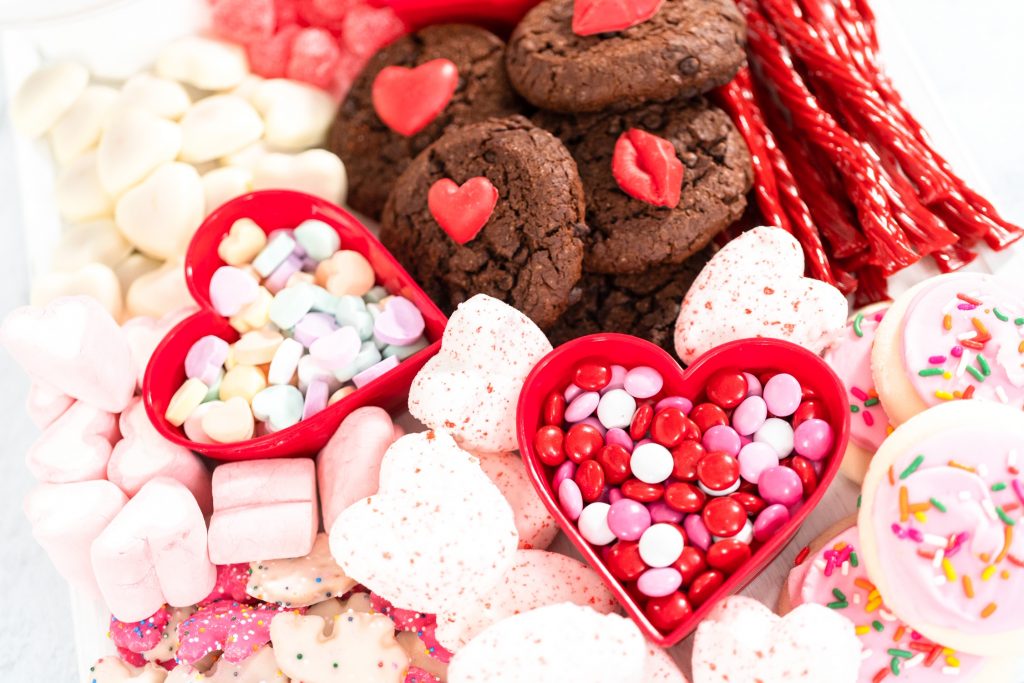 close up of a Valentine's Candy dessert board