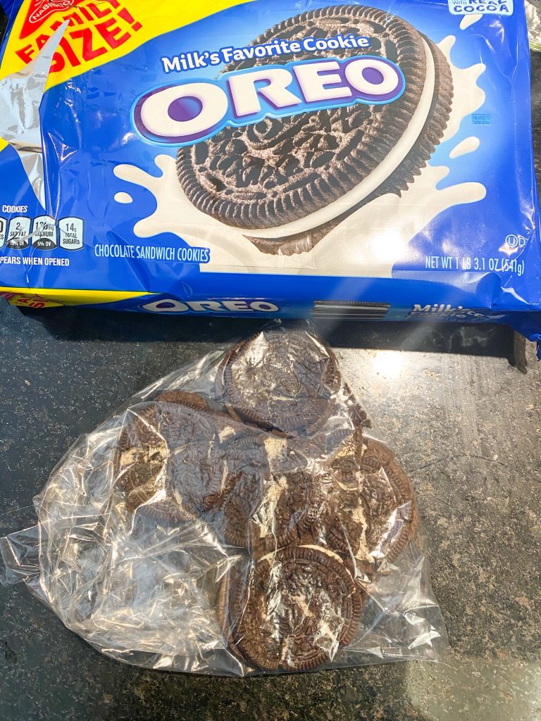 crushed oreo in a plastic baggie