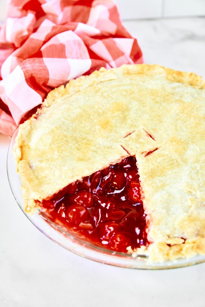 close up on vegan cherry pie filling that is homemade
