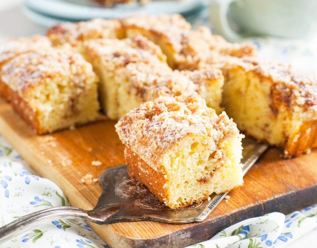 close up on a slice of vegan coffee cake