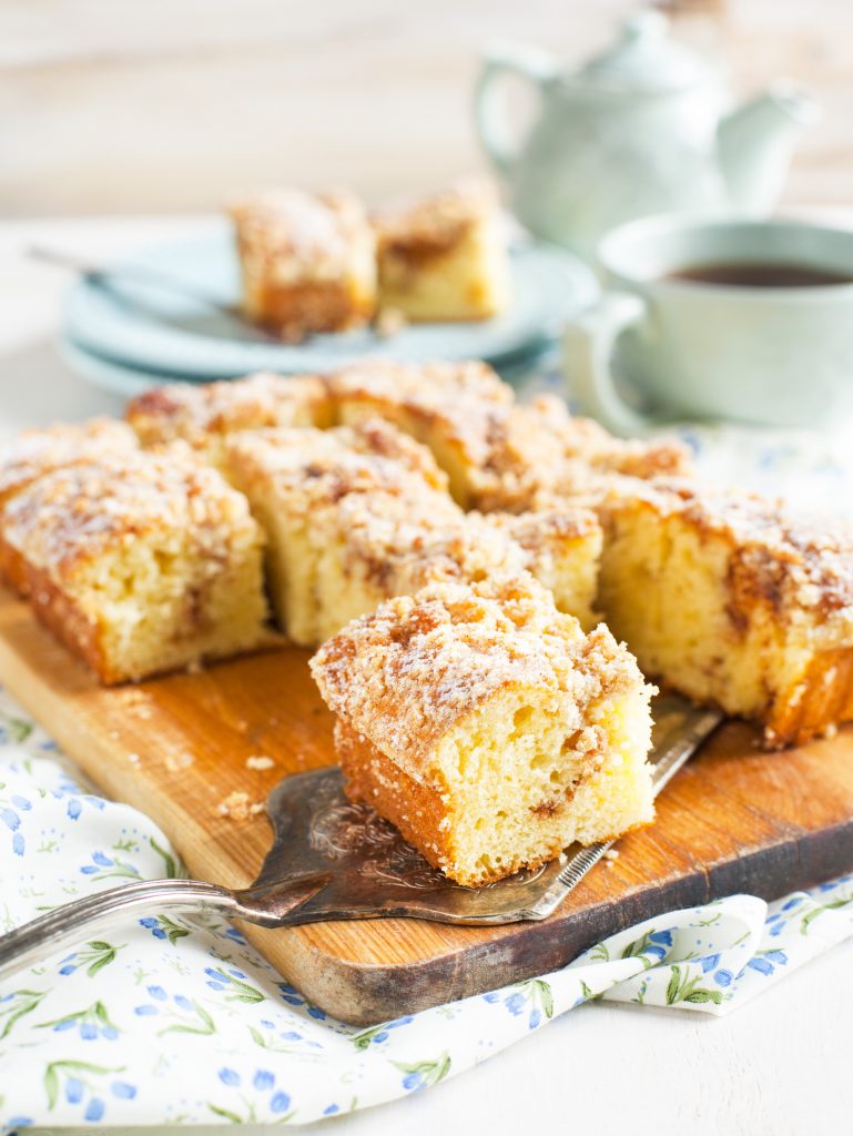 slice of vegan coffee cake on a serving tray