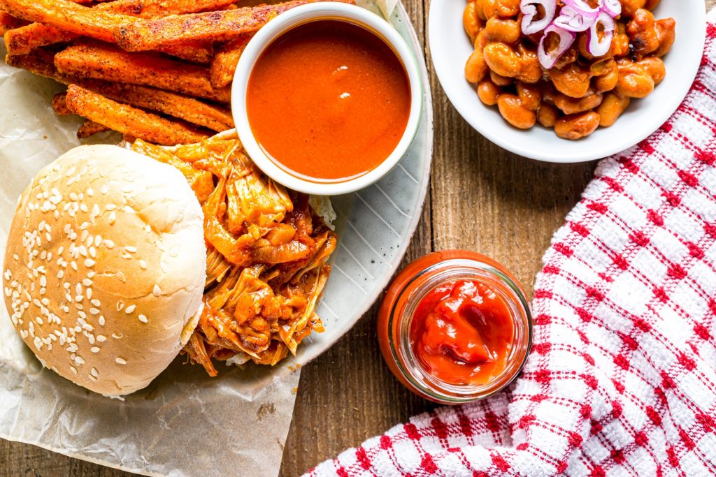 vegan pulled pork sandwich from above on a plate 