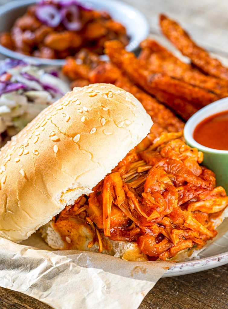 vegan jackfruit pulled pork on a sandwich