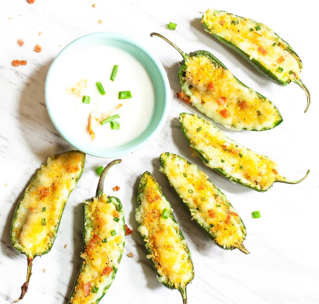 close up on vegan jalapeno poppers stuffed with vegan cream cheese