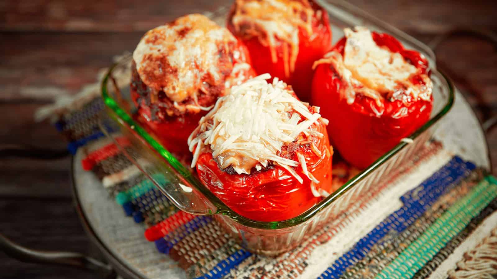 easy vegan stuffed peppers recipe in baking dish