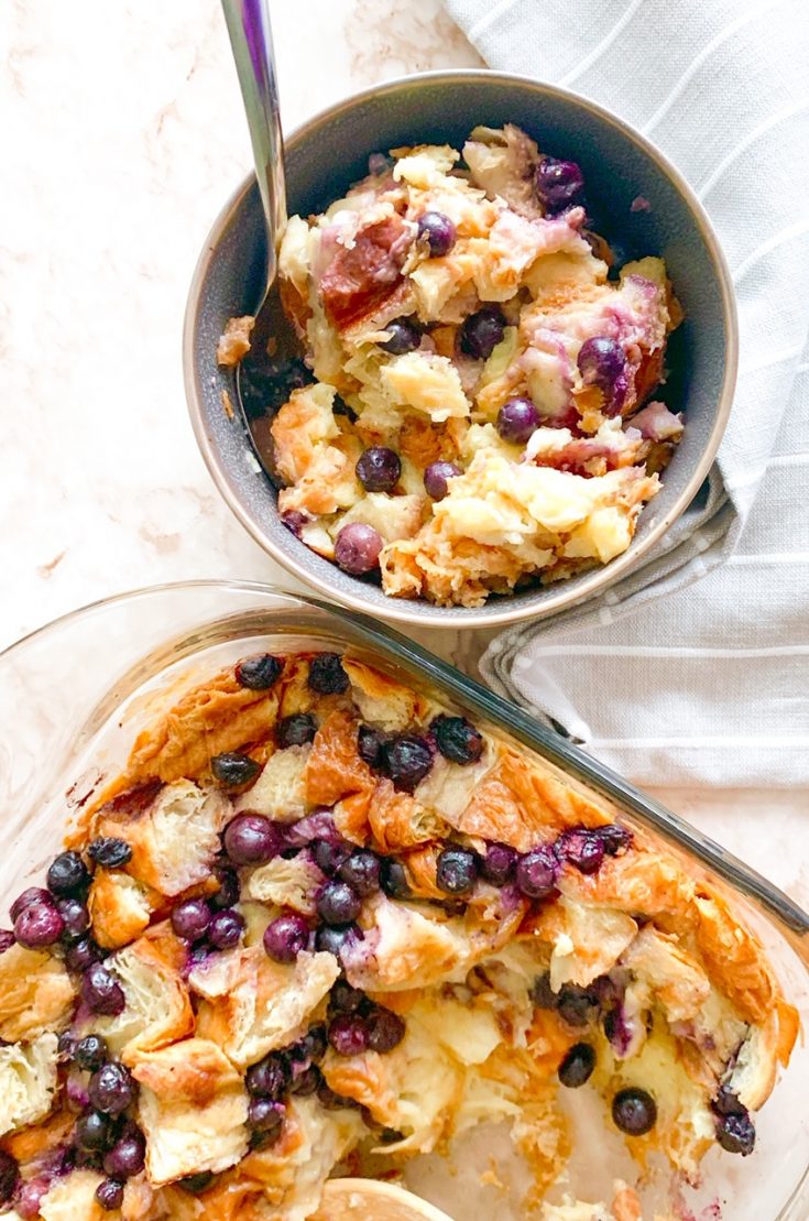 vegan bread pudding in pan and bowl