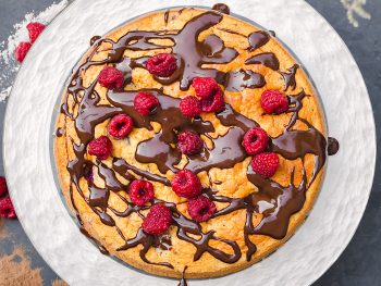 chocolate raspberry cake on a serving tray