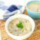 two bowls of vegan clam chowder soup