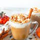vegan pumpkin spice latte with cinnamon stick and whipped cream