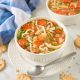 vegan chicken noodle soup with spoon and crushed crackers