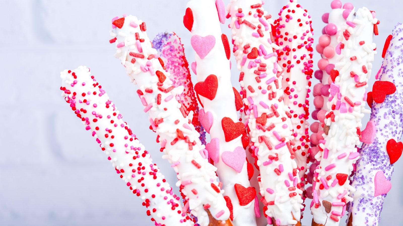 close up of valentines day pretzel rods