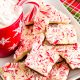 vegan peppermint bark on a plate with a red mug