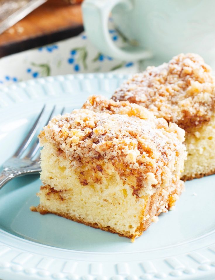 vegan coffee cake on a blue plate