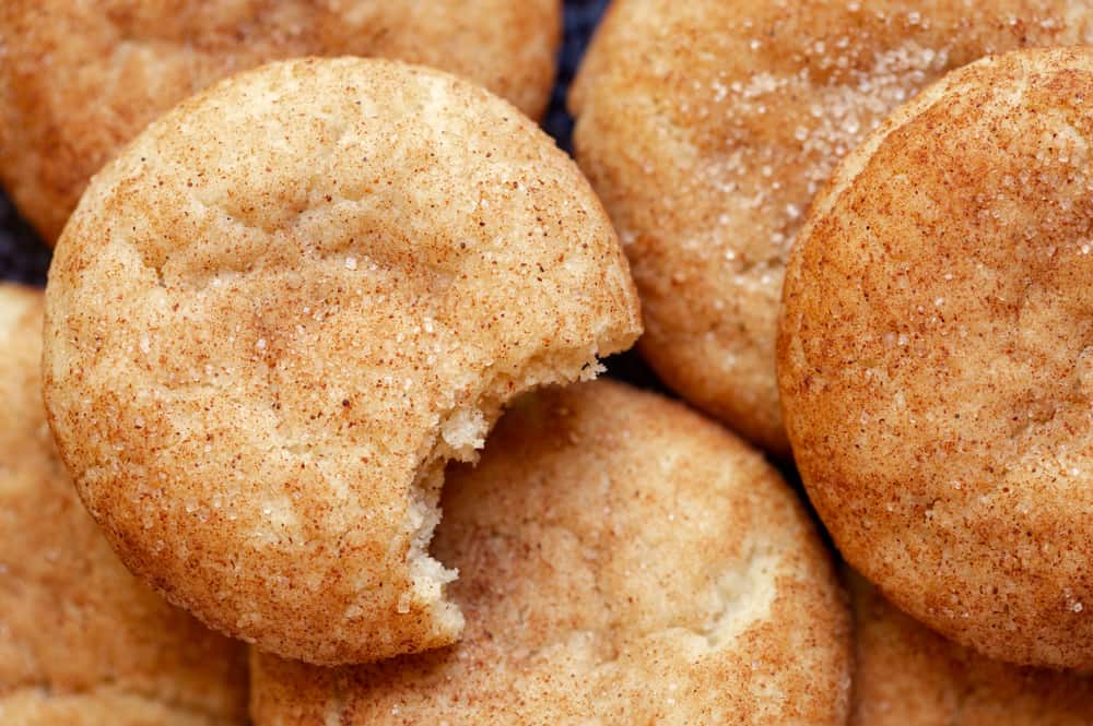 close up on a brown vegan cinnamon cookie with sugar flaking off of it