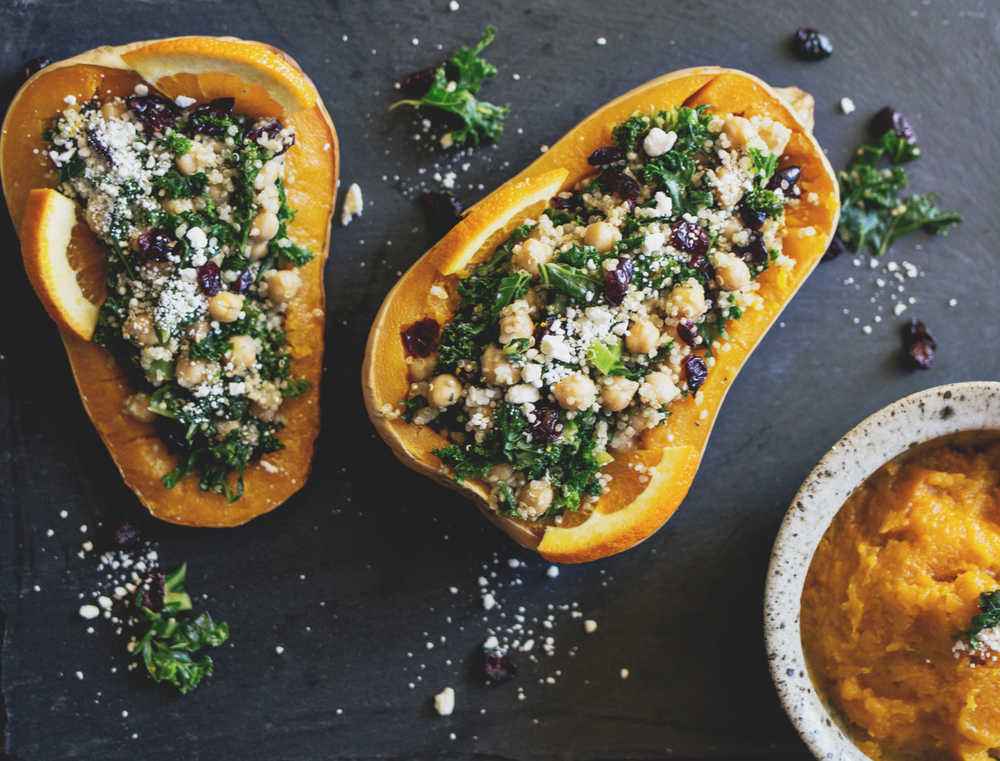 Stuffed Butternut Squash with quinoa, kale, cranberries, and chick peas