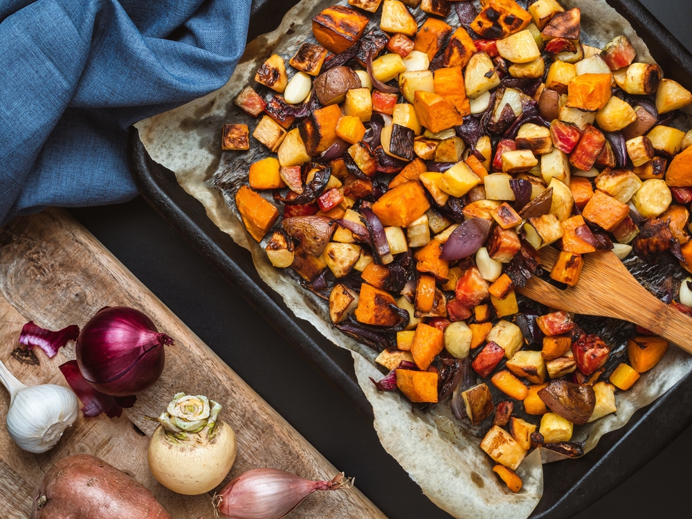 Assorted roasted vegetables in a tin 