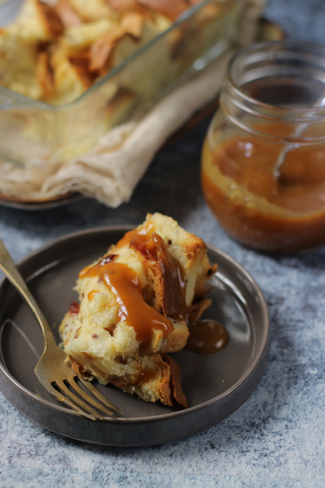 Bread Pudding Served with Kaya Jam made from Coconut Milk and Caramel.