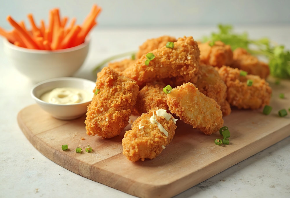 Breaded nuggets on a wooden board, with a dipping sauce in a small bowl